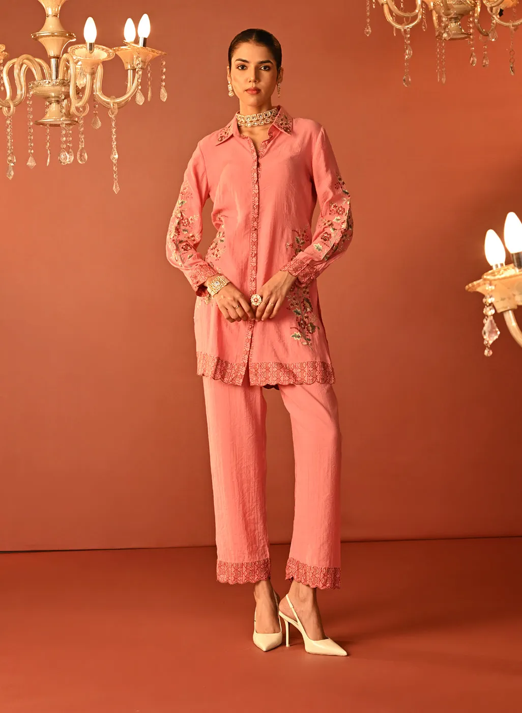 Sabeena Pink Embroidered Cotton Linen Co-ord Set for Women