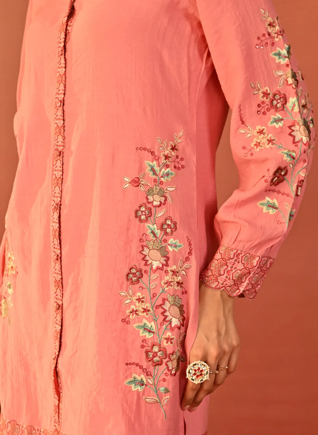 Sabeena Pink Embroidered Cotton Linen Co-ord Set for Women