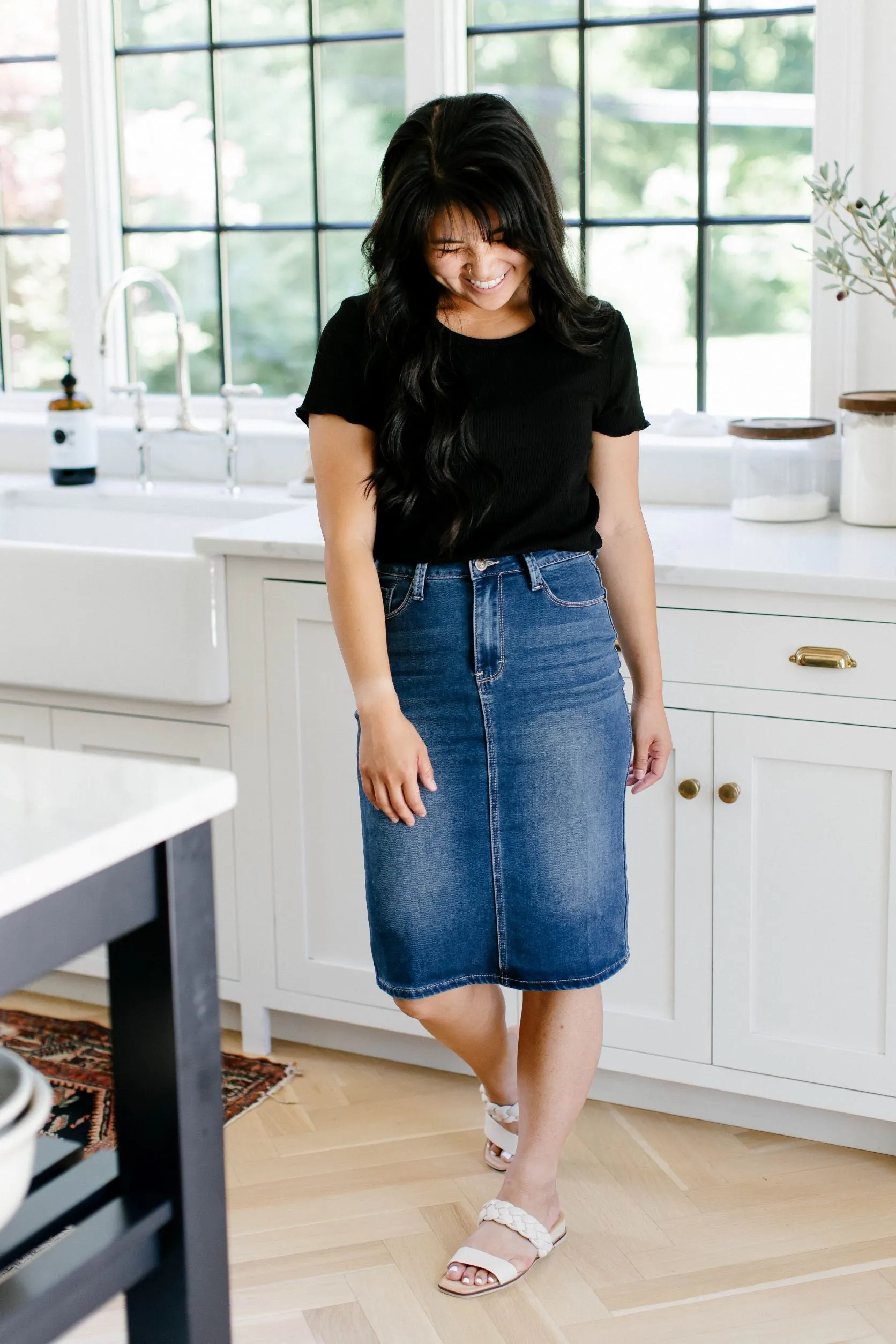 'Scout' Knit Denim Skirt in Dark Wash