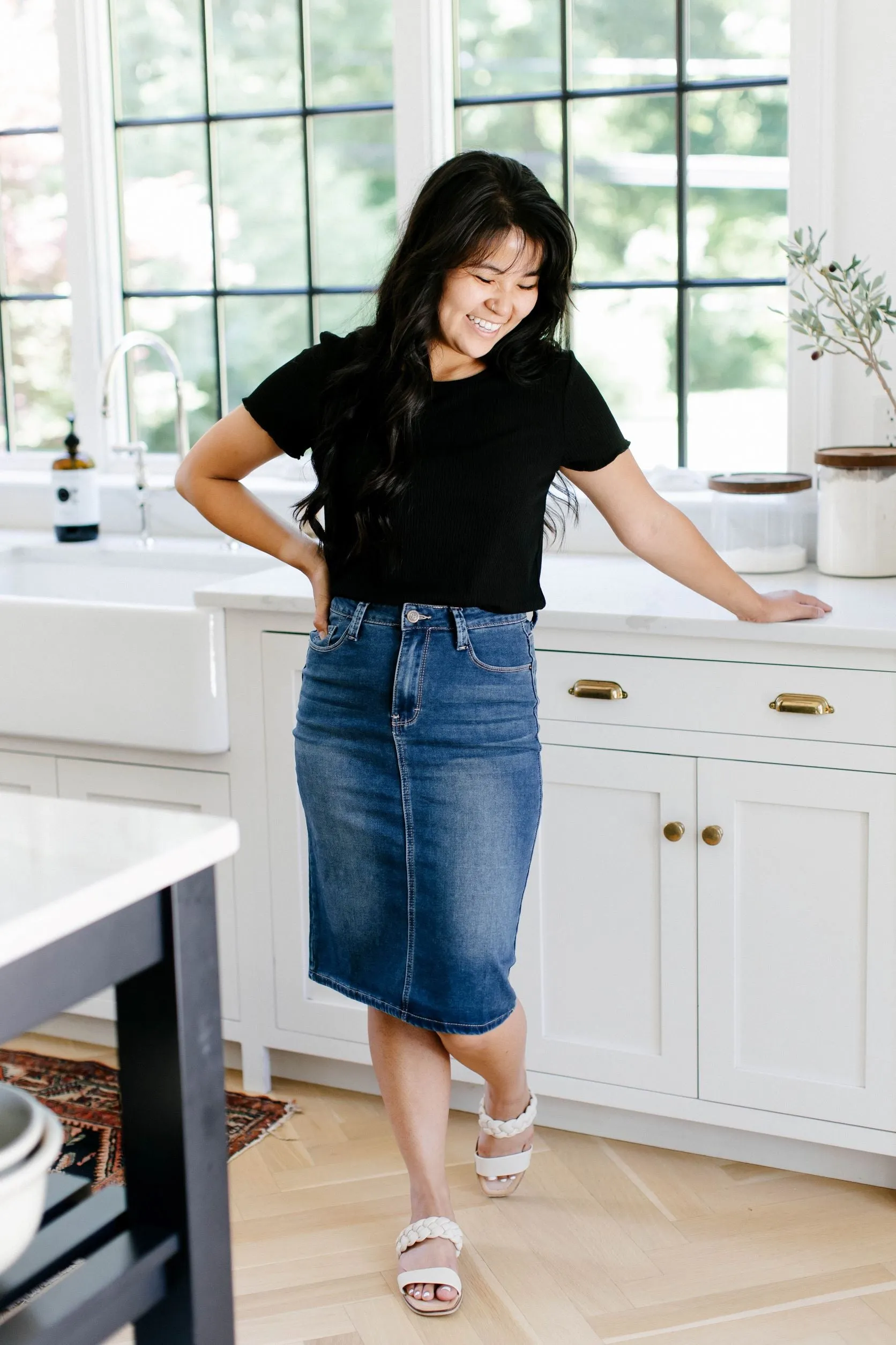 'Scout' Knit Denim Skirt in Dark Wash