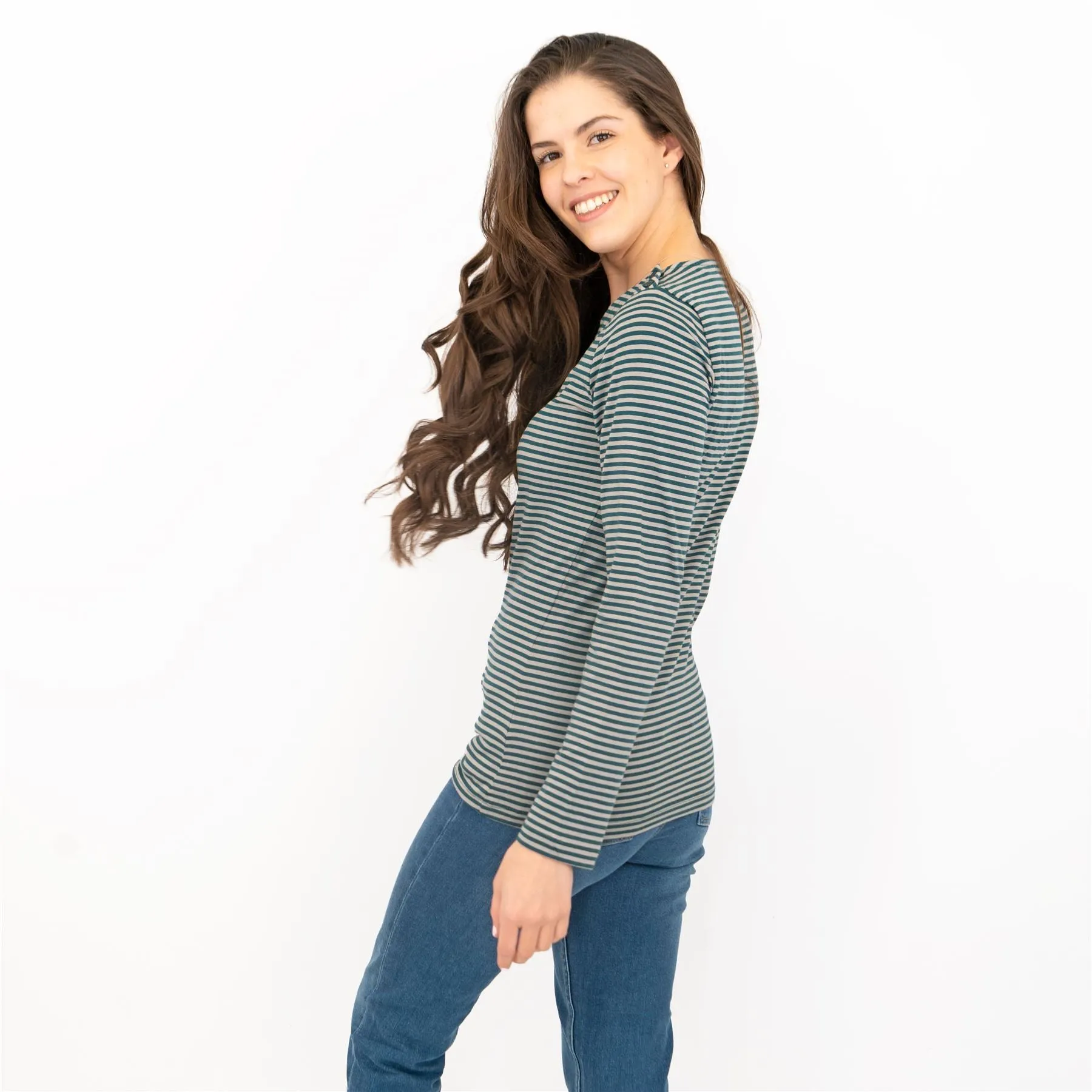 Seasalt Breton Green Grey Stripe Long Sleeve Tops