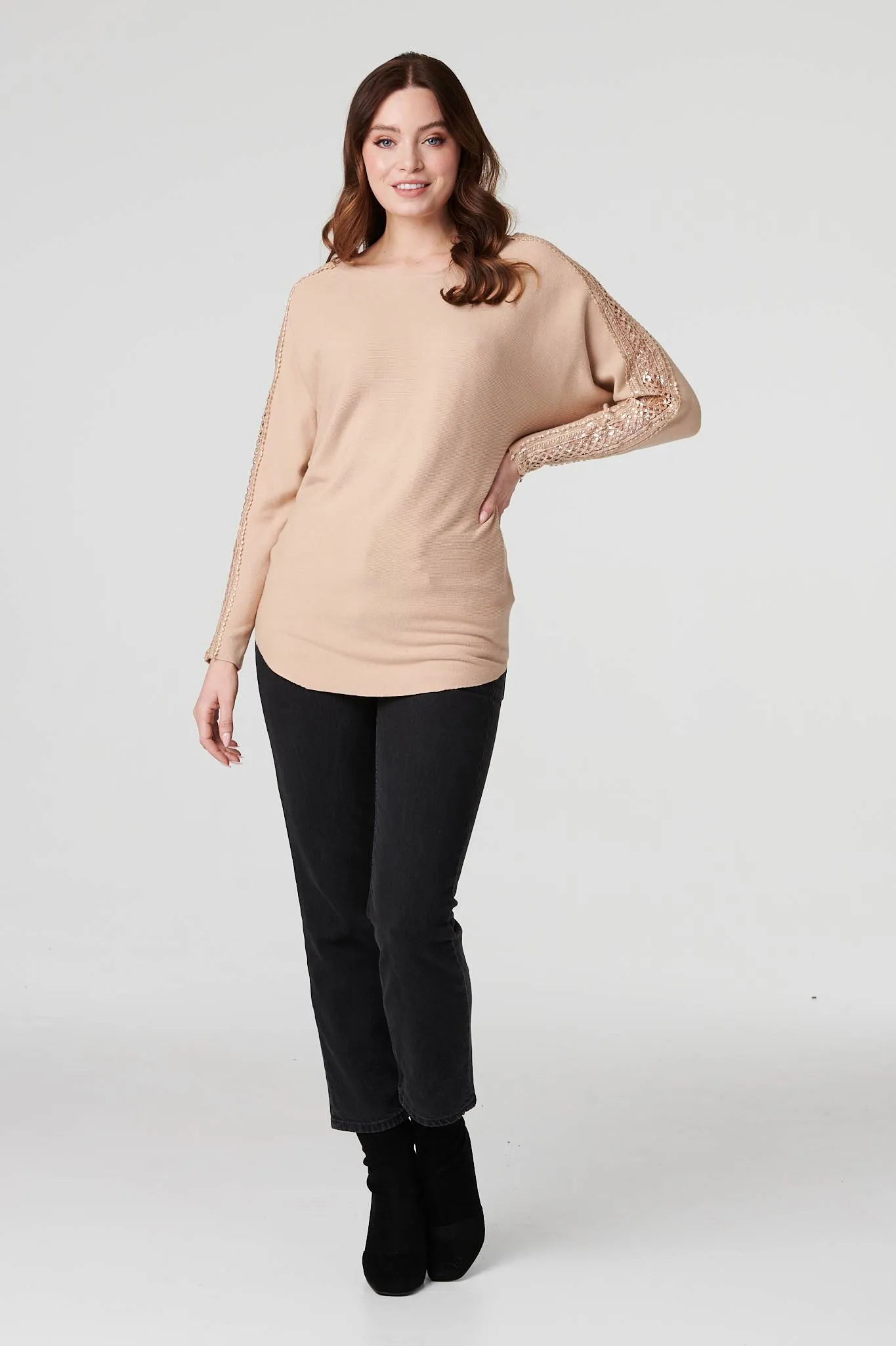 Sequin and Lace Sleeve Knit Pullover