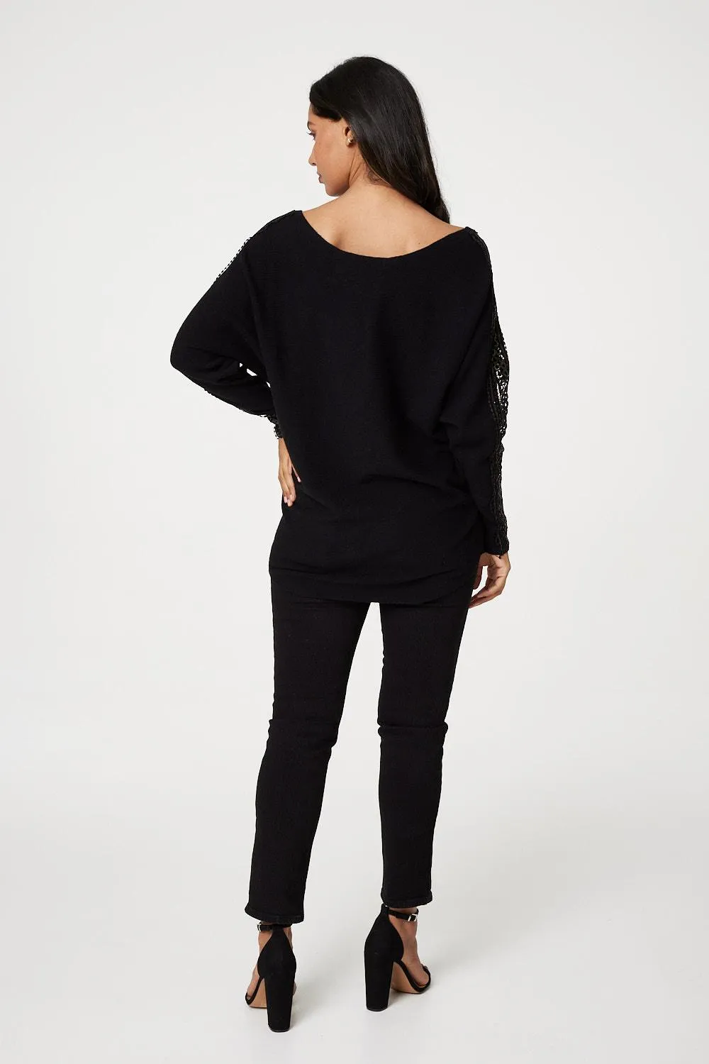 Sequin and Lace Sleeve Knit Pullover