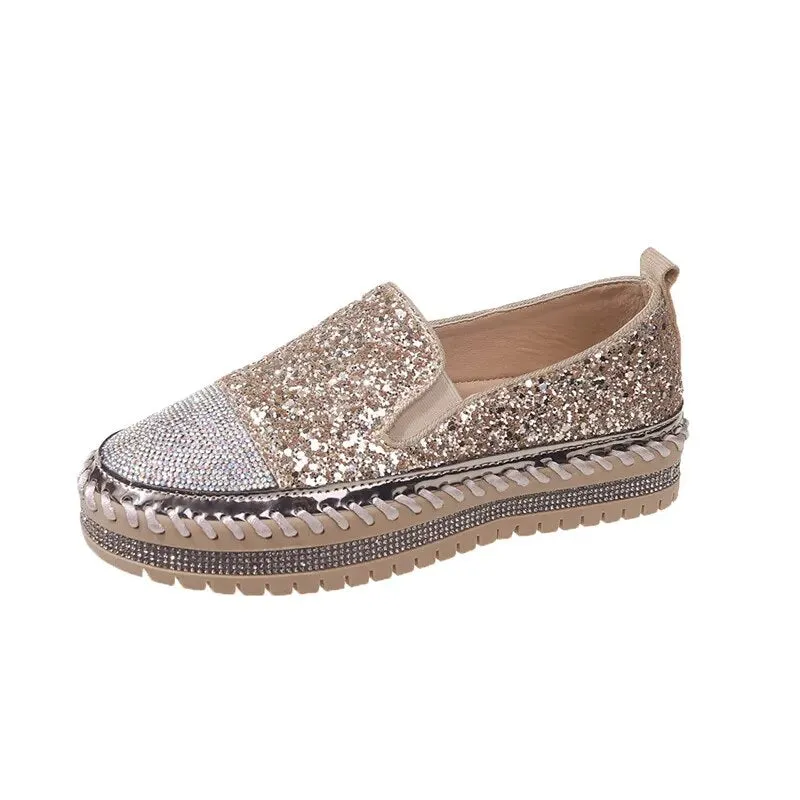 Shining Rhinestone Flats Loafers Slip-on Thick Botton Casual Woman Crystal Shoes Female Fashion Sneakers Sports Running