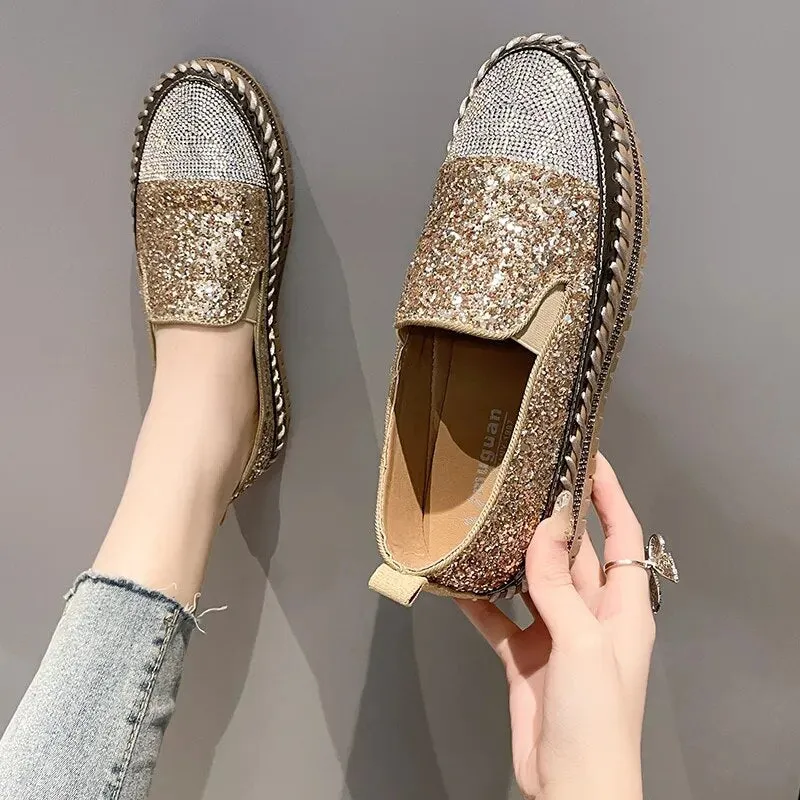 Shining Rhinestone Flats Loafers Slip-on Thick Botton Casual Woman Crystal Shoes Female Fashion Sneakers Sports Running