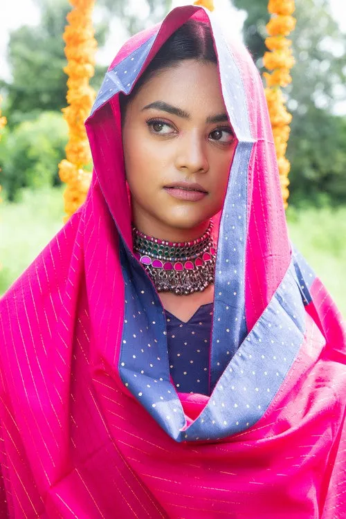 Shuddhi Blue and Pink Skirt,kurta and Duppatta set.