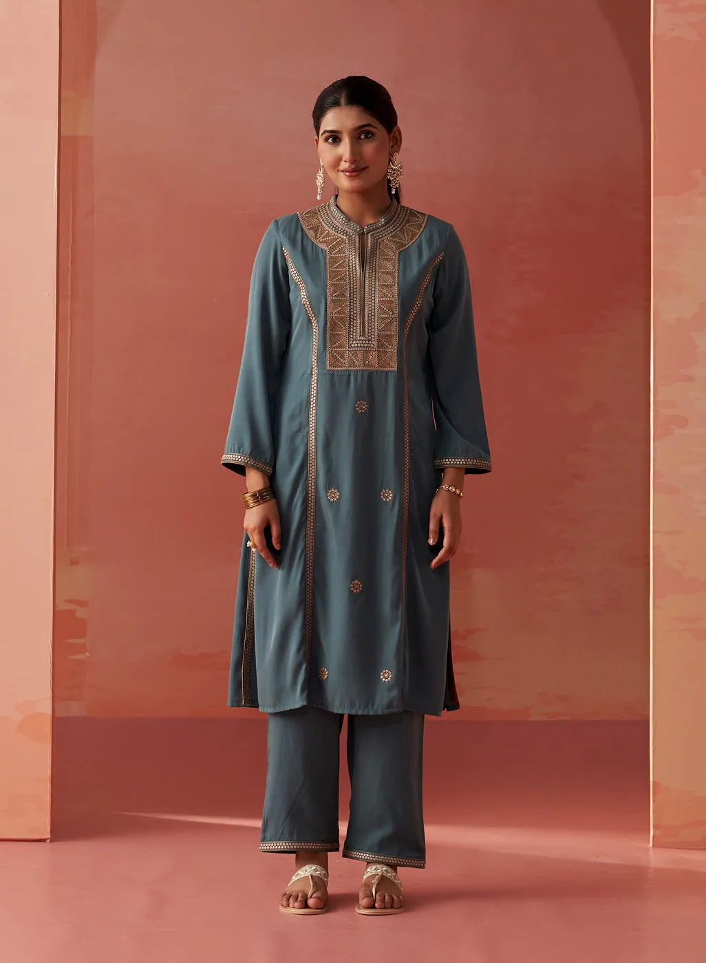 Simra Smokey Blue Embroidered Rayon Co-ord Set for Women