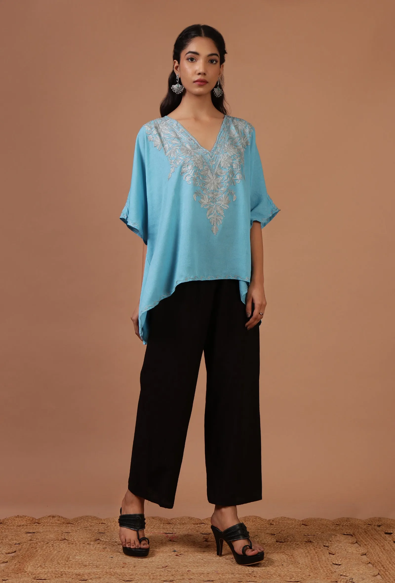 Sky Blue Cotton Crush Ari Embroidered Kaftan- Free Size