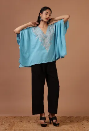 Sky Blue Cotton Crush Ari Embroidered Kaftan- Free Size