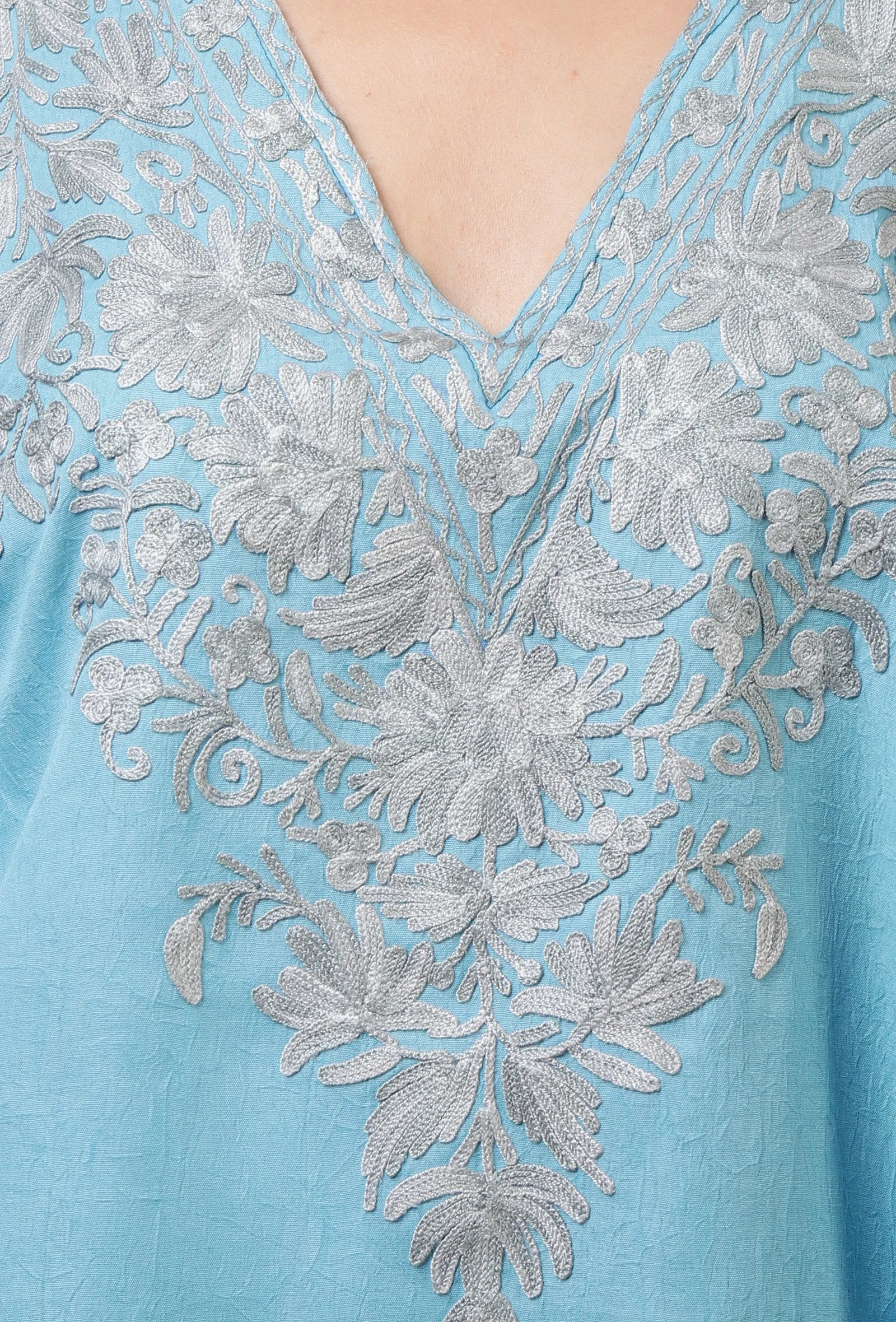 Sky Blue Cotton Crush Ari Embroidered Kaftan- Free Size