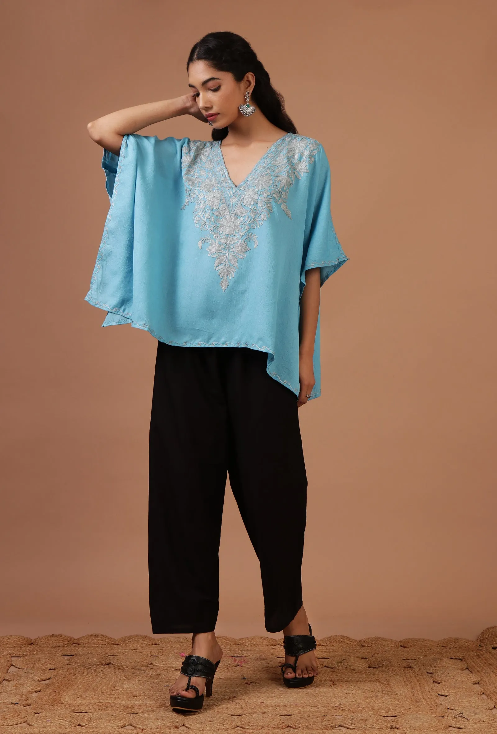 Sky Blue Cotton Crush Ari Embroidered Kaftan- Free Size