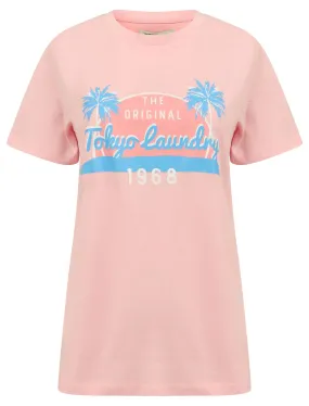 Soller Palm Motif Cotton Jersey T-Shirt in Rose Shadow - Tokyo Laundry