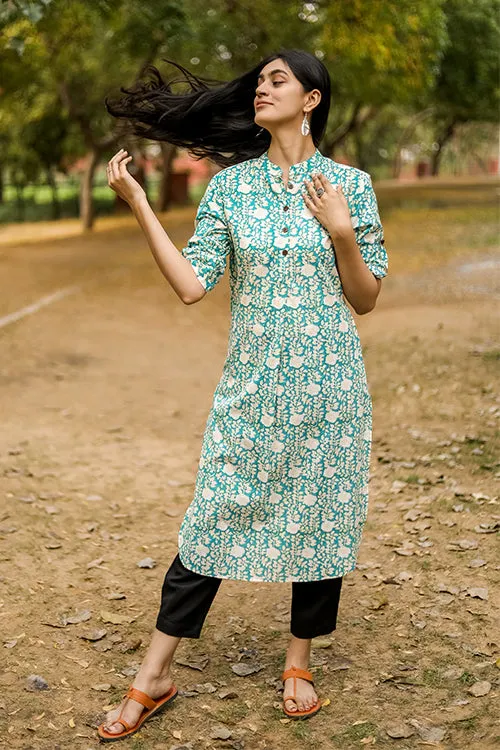 Sootisyahi 'Garden Glory' Azofree Handblock Printed Pure Cotton Kurti