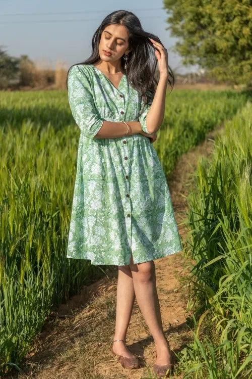 Sootisyahi 'Sea Sage' Azofree Handblock Printed Pure Cotton Dress