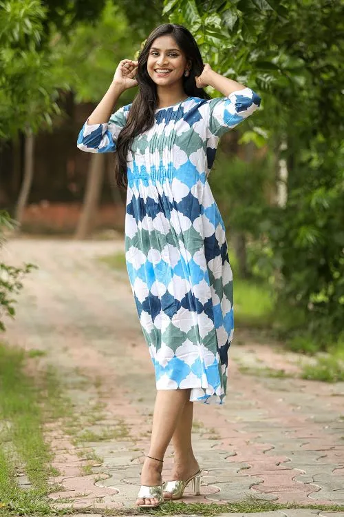 SootiSyahi'ACottonAzure'BlockPrintedDress | Relove