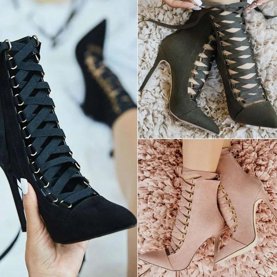 Stiletto Heel Suede Pointed Toe Straps Lace Up Zipper High Heels