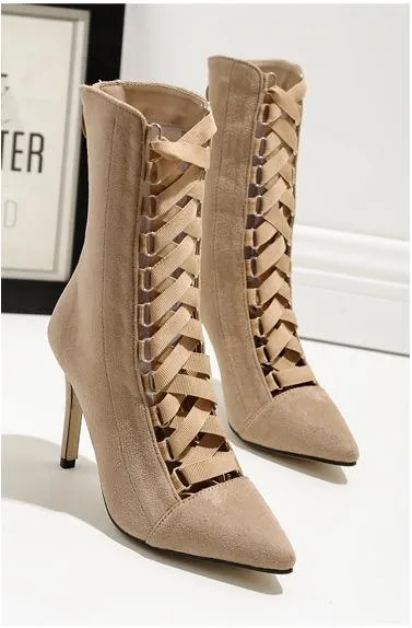 Stiletto Heel Suede Pointed Toe Straps Lace Up Zipper High Heels