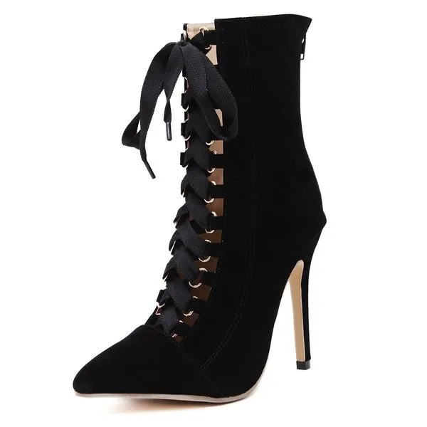 Stiletto Heel Suede Pointed Toe Straps Lace Up Zipper High Heels