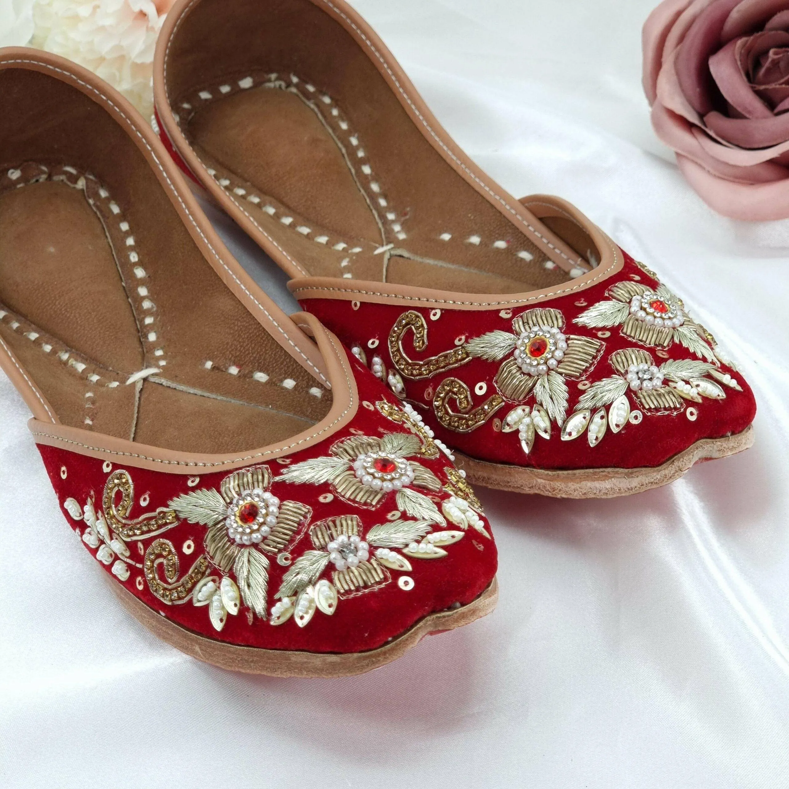 Stunning Red Pearl Velvet Bridal Jutti