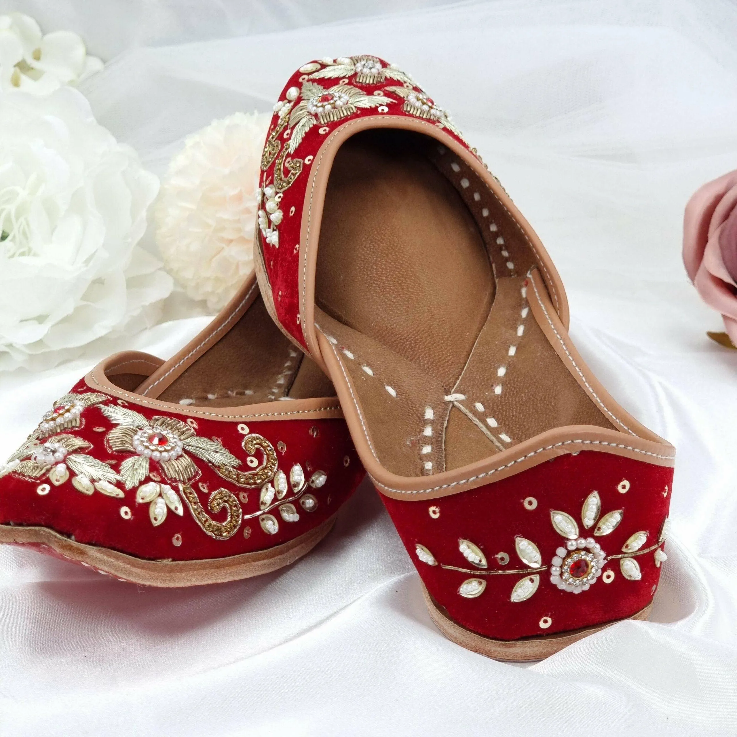 Stunning Red Pearl Velvet Bridal Jutti