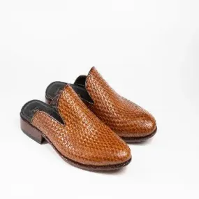 Two Toned Brown Weave leather Whole Cut loafer Backless Slip On Mule Made-To-Order Premium Quality Handmade with Genuine leather Outsole Mens leather mule shoes