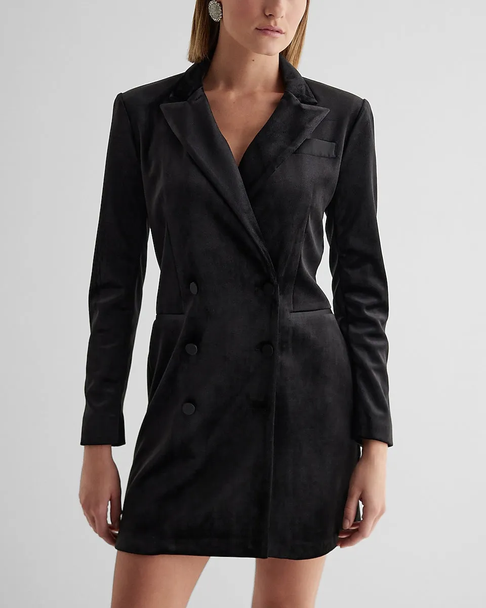 Velvet Double Breasted Padded Shoulder Mini Blazer Dress in Pitch Black