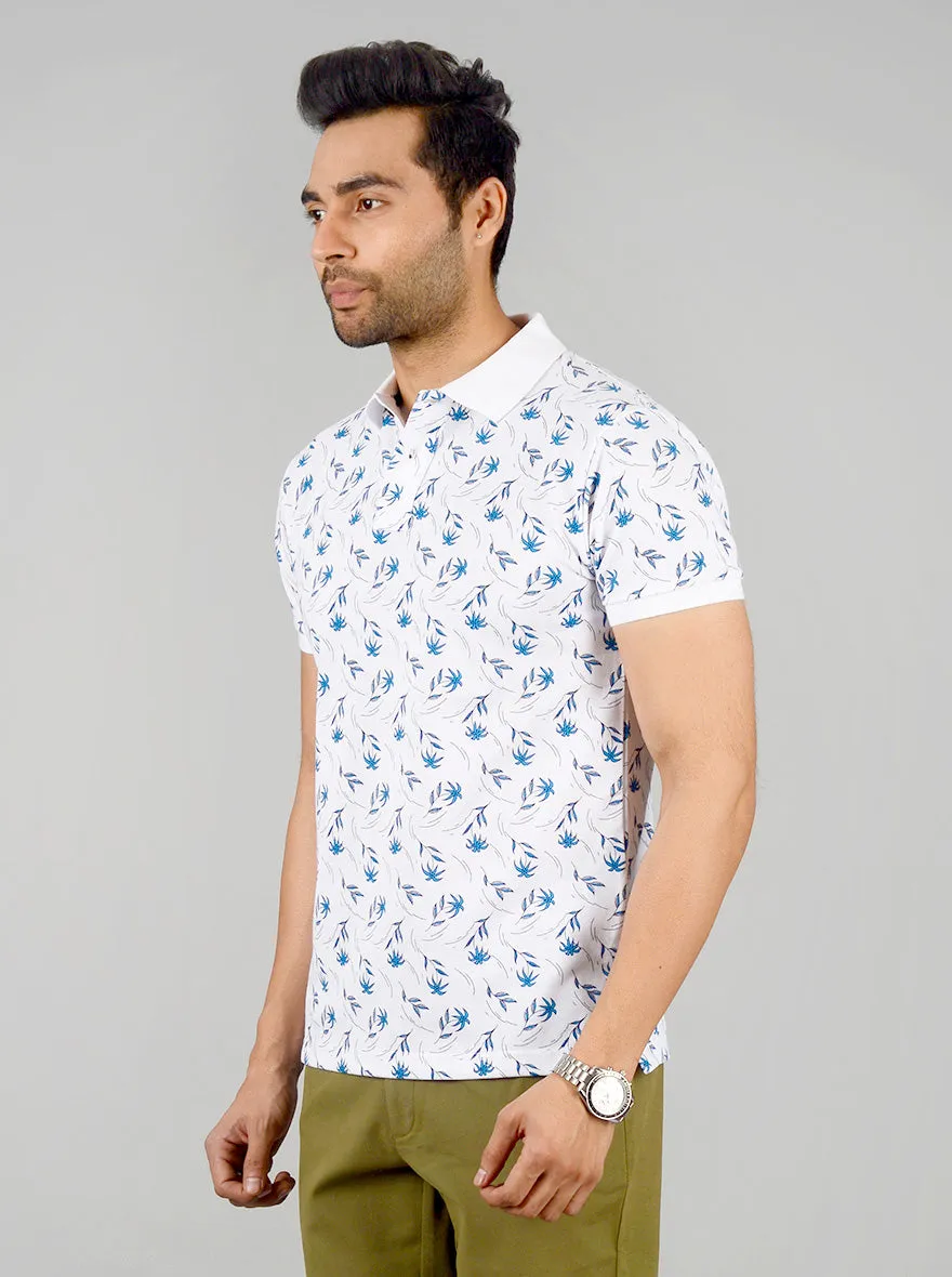 White & Blue Printed Slim Fit Polo T-shirt | Greenfibre