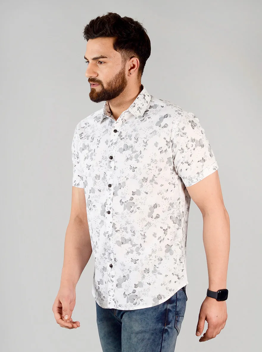 White & Grey Printed Slim Fit Casual Shirt | Greenfibre