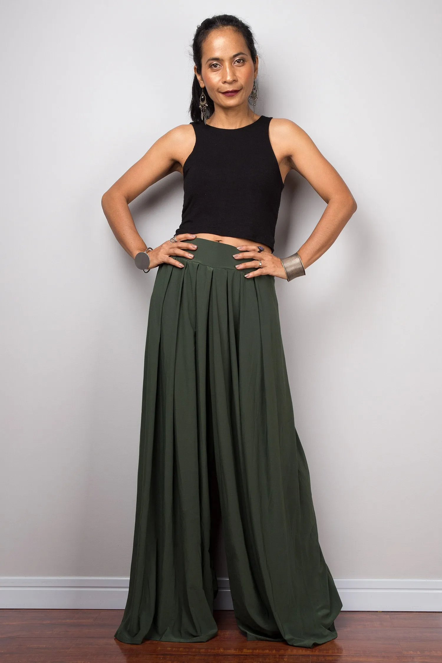 Wide Leg Pants | Palazzo pants | Green pleated women's trousers