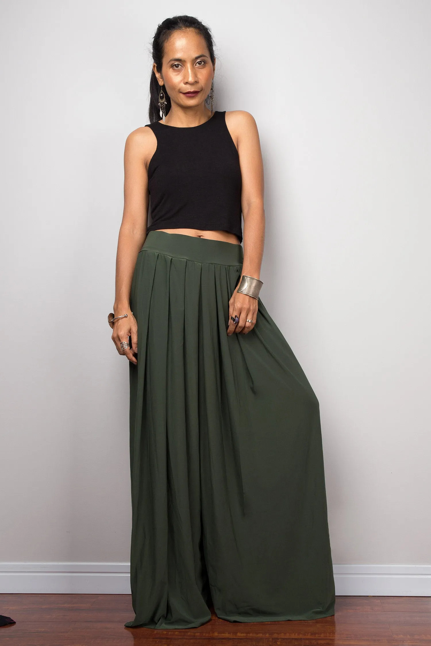 Wide Leg Pants | Palazzo pants | Green pleated women's trousers