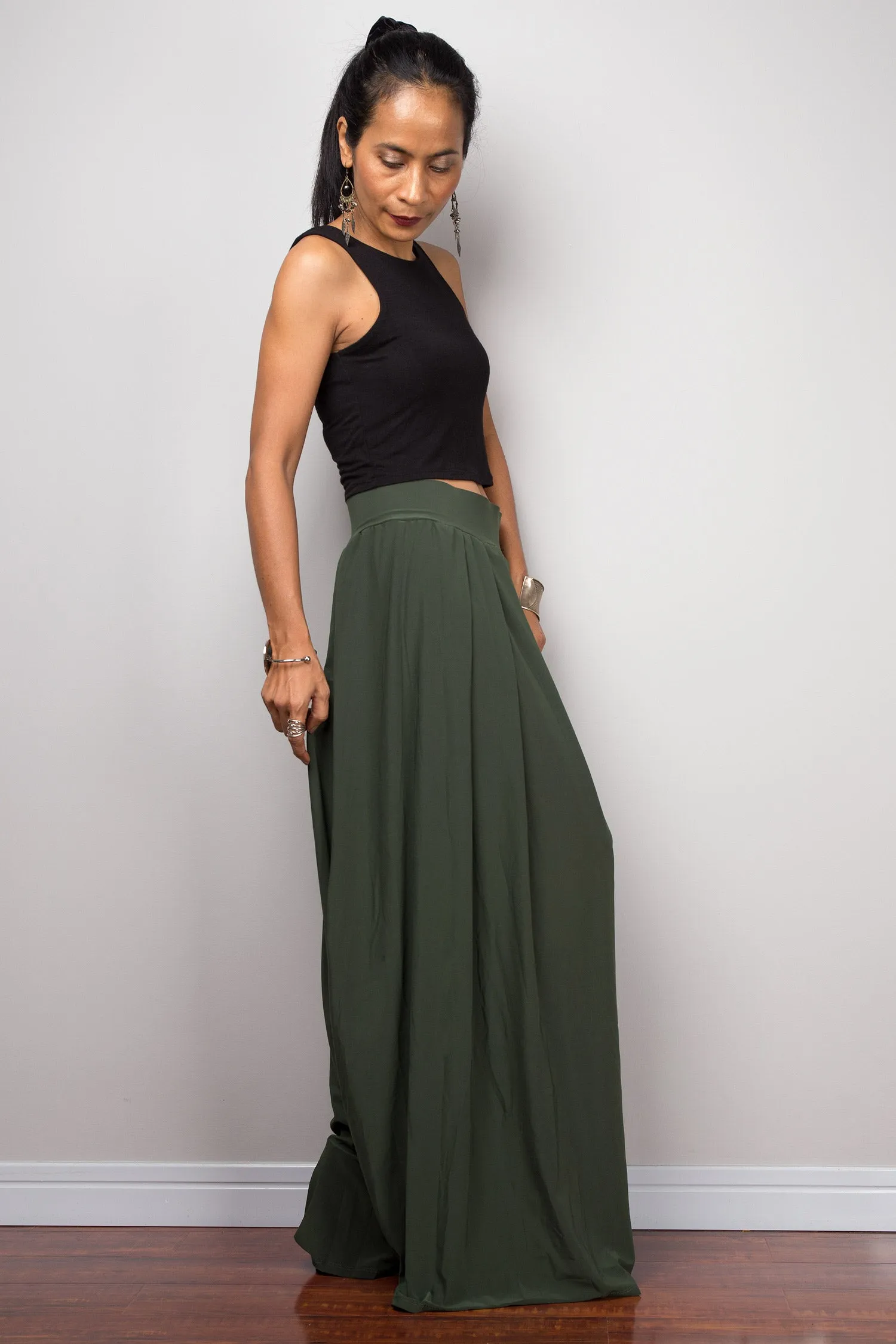 Wide Leg Pants | Palazzo pants | Green pleated women's trousers