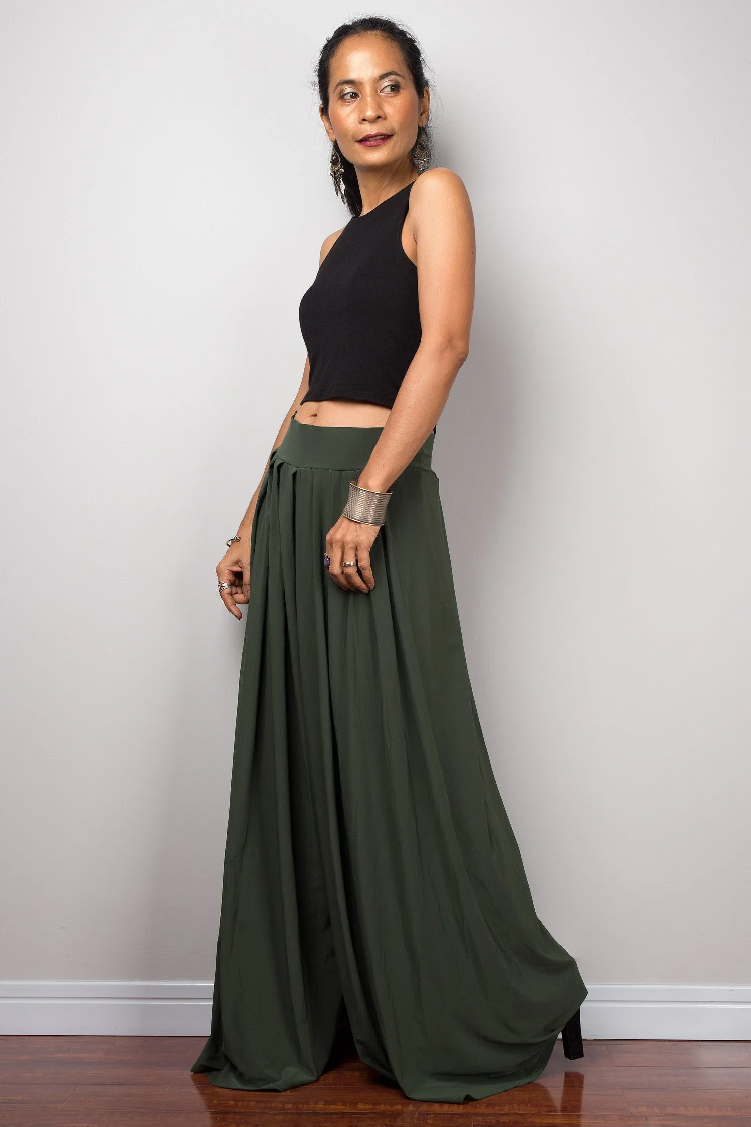 Wide Leg Pants | Palazzo pants | Green pleated women's trousers