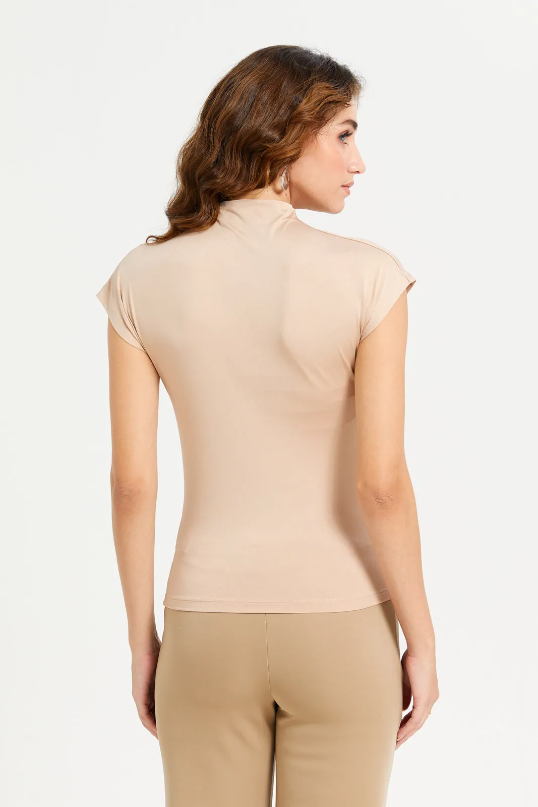 Women Beige Pleat Detail High Neck Jersey Top