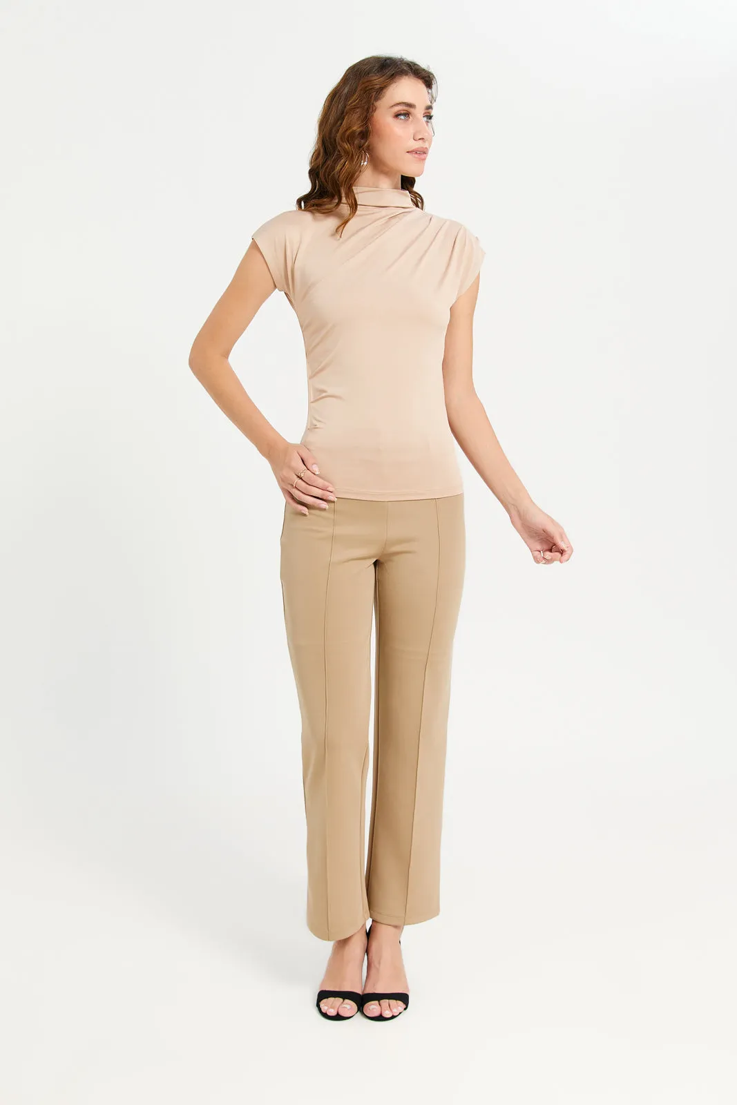 Women Beige Pleat Detail High Neck Jersey Top