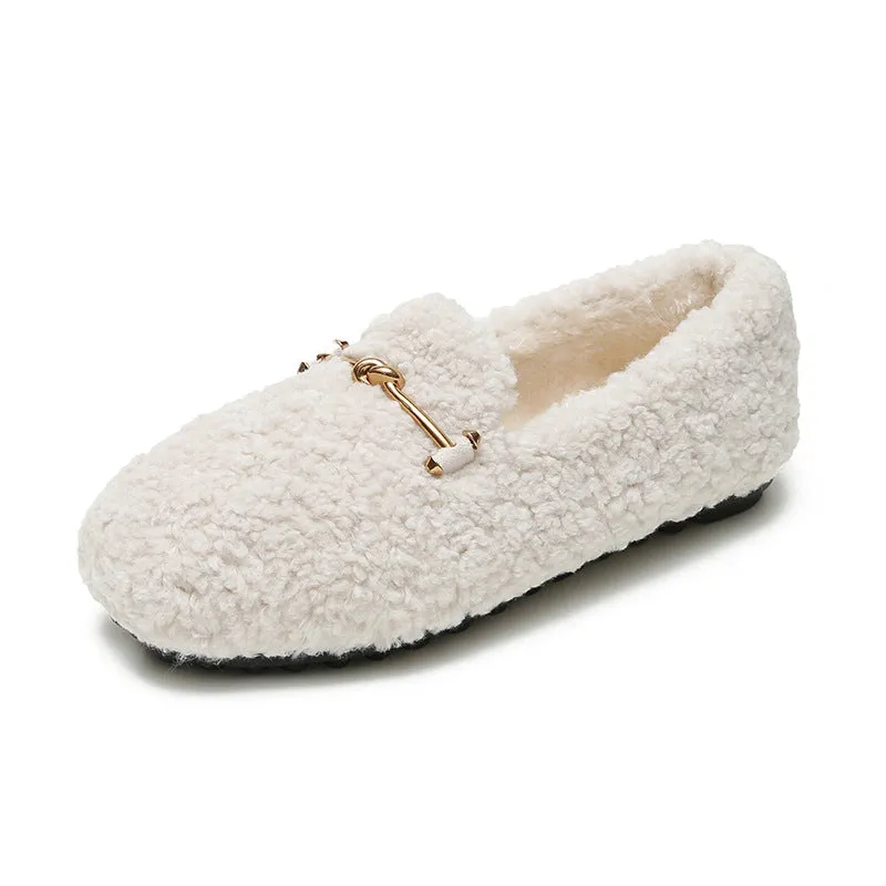 Womens Faux-Fur Lined Loafers Warm Winter Flat Plush Shoes