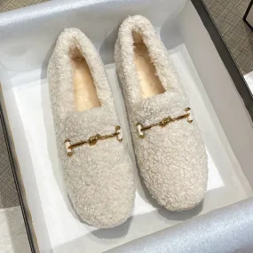 Womens Faux-Fur Lined Loafers Warm Winter Flat Plush Shoes