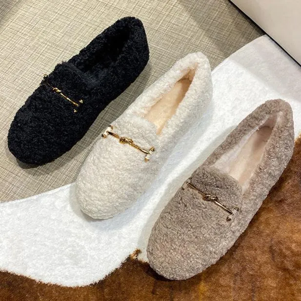 Womens Faux-Fur Lined Loafers Warm Winter Flat Plush Shoes