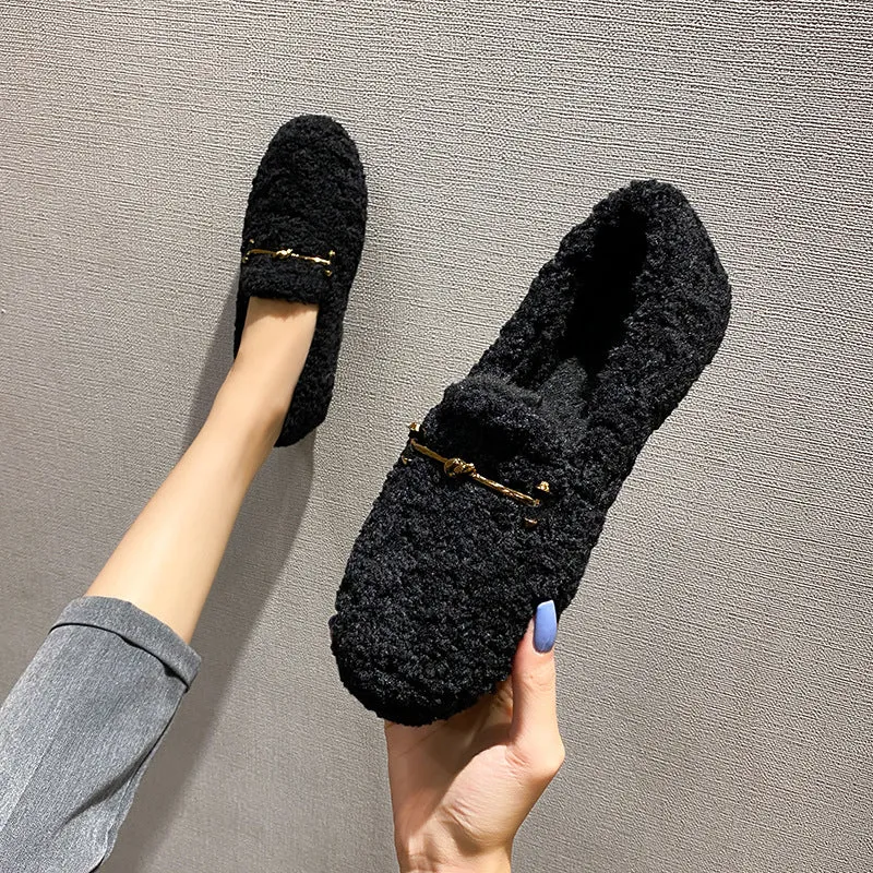 Womens Faux-Fur Lined Loafers Warm Winter Flat Plush Shoes