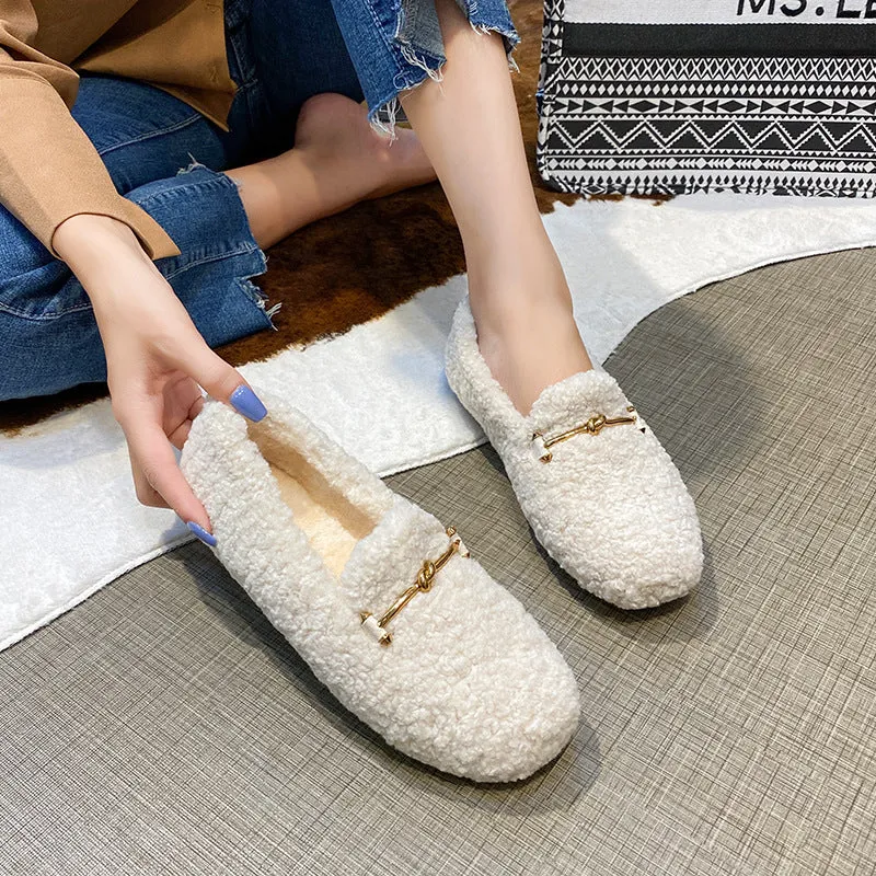 Womens Faux-Fur Lined Loafers Warm Winter Flat Plush Shoes