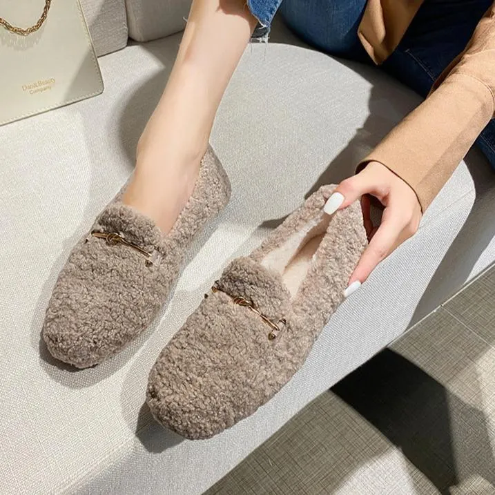 Womens Faux-Fur Lined Loafers Warm Winter Flat Plush Shoes