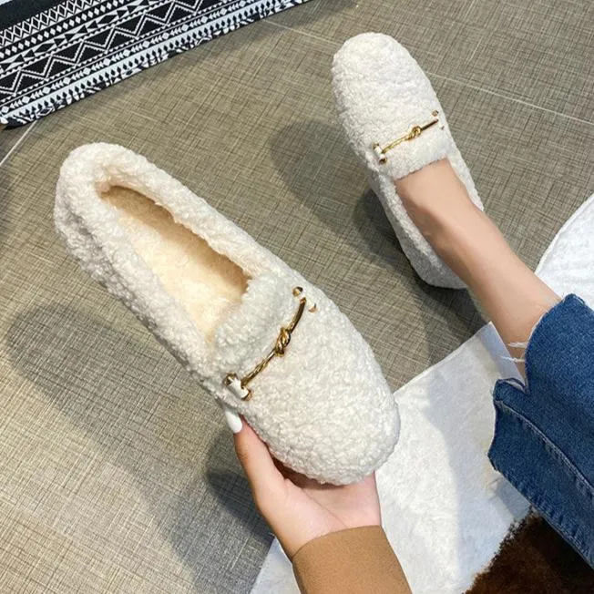 Womens Faux-Fur Lined Loafers Warm Winter Flat Plush Shoes