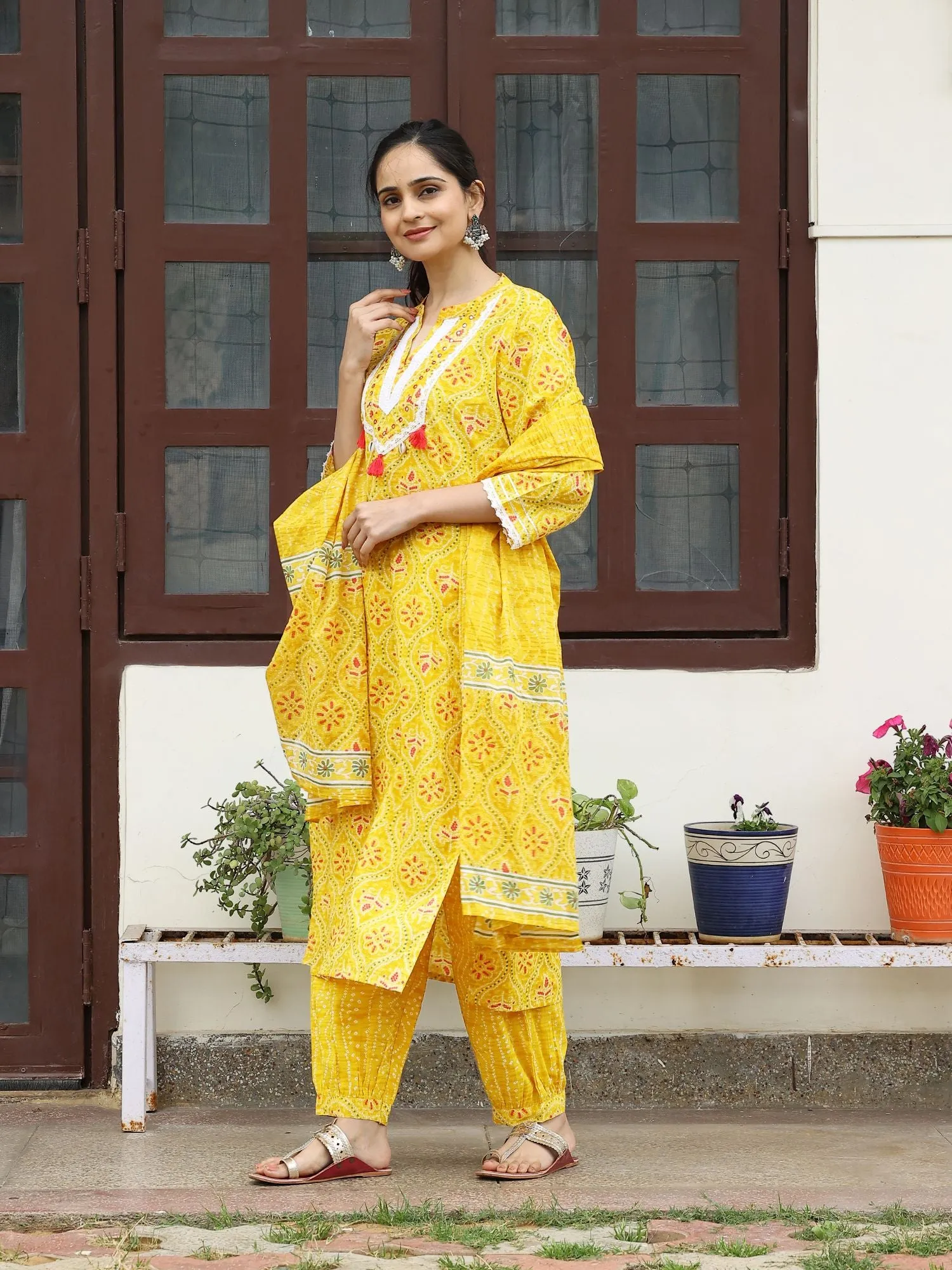 Yellow Cotton Kurta Set with Afghani Pant