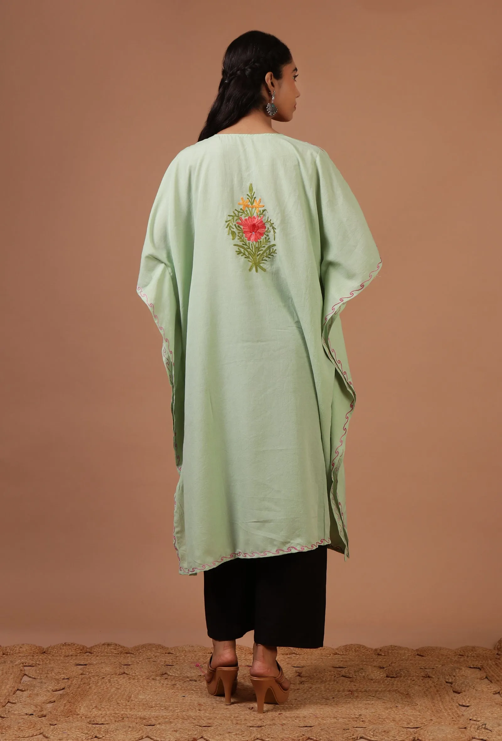 Yellowish Green Cotton Crush Ari Embroidered Kaftan- Free Size