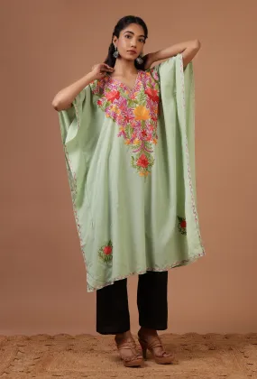 Yellowish Green Cotton Crush Ari Embroidered Kaftan- Free Size